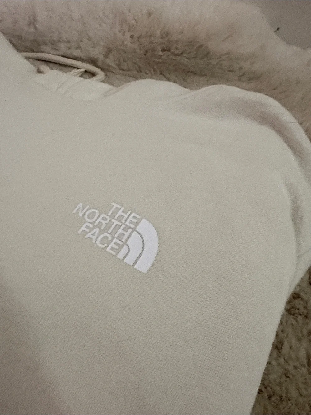 The North Face Cream hoodie green camouflage back logo